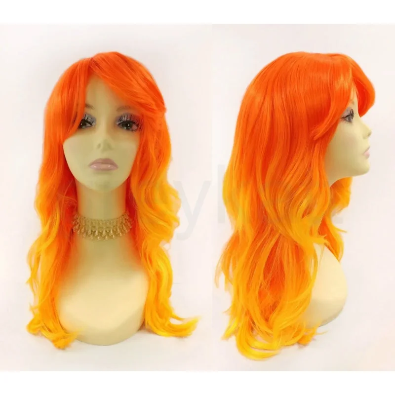 Orange W/light orange tips long layered body wave wig with bangs 20