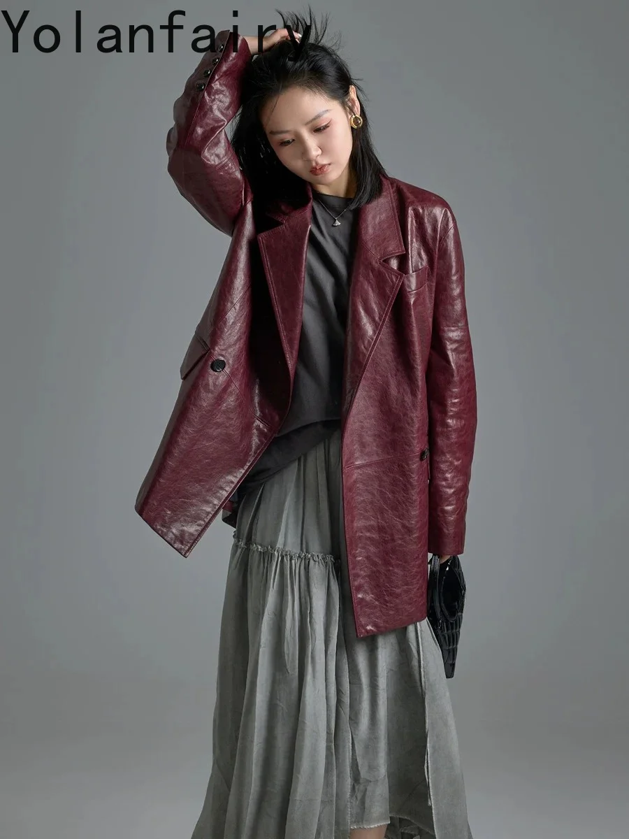 YOLANFAIRY Women Vintage Light Waxed Genuine Lambskin Blazer Loose Mid Length Real Sheepskin Leather Jacket Casual Outerwear