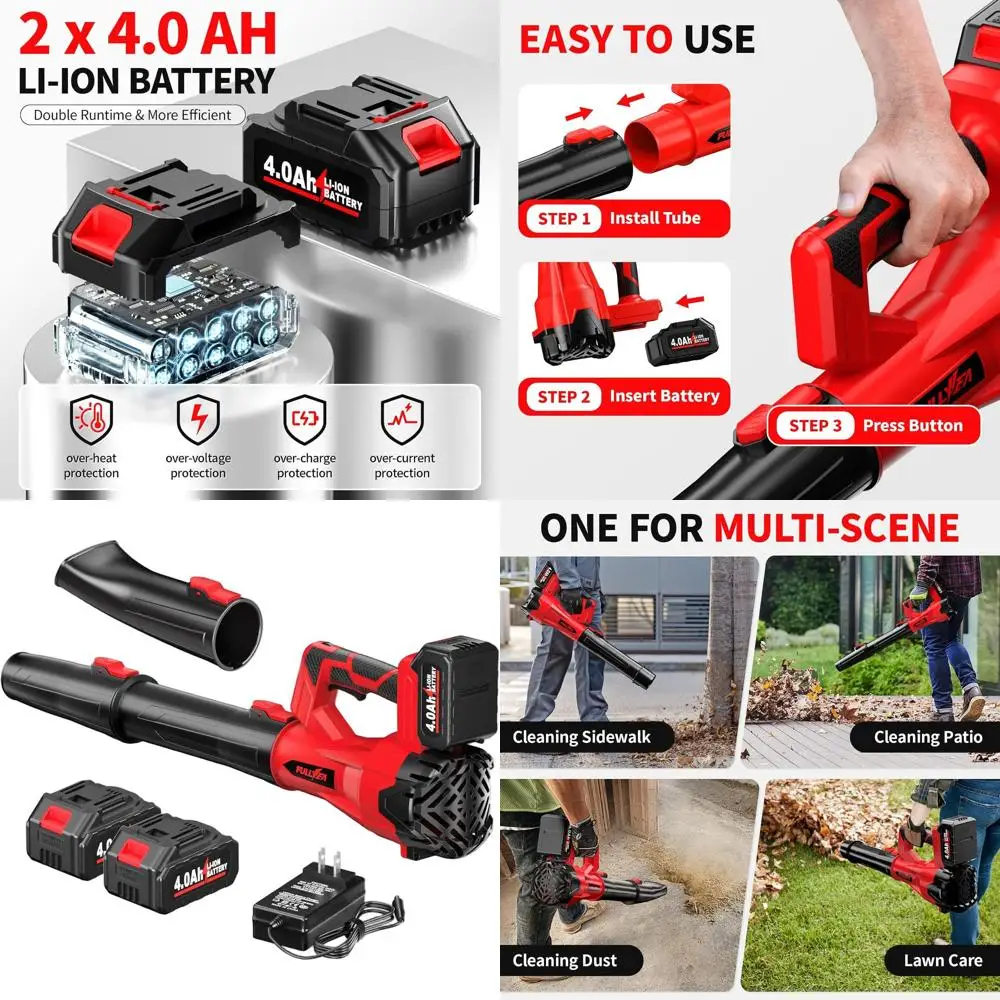 

6-Speed Electric Leaf Blower with 3 Tubes and 2x4.0Ah Batteries for Patio, Yard, and Lawn Maintenance