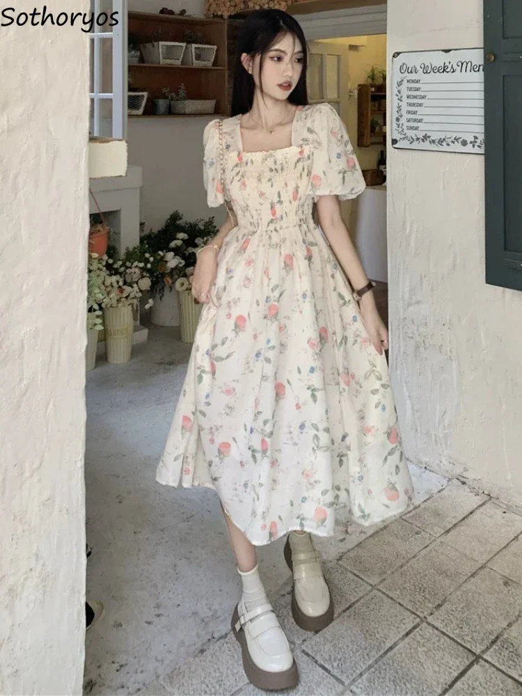 Robe florale à manches bouffantes pour femmes, vintage, tendre, mode coréenne, col carré, robe éducative, belle fille, loisirs, robe d'été chic, été