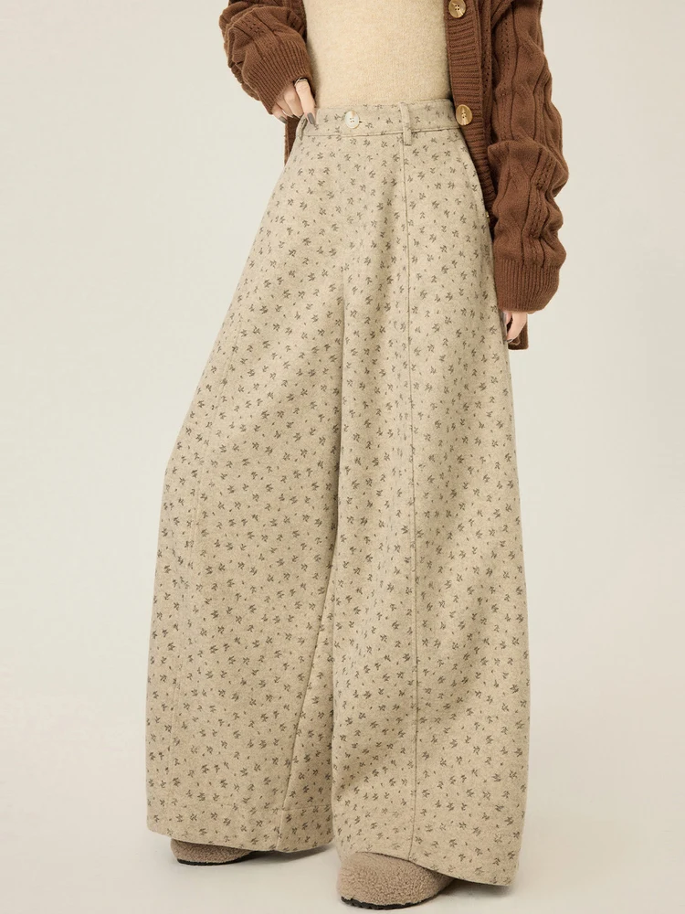 

Khaki Floral Woolen Wide Leg Pants High Waist Autumn Winter Loose Fit Treenut Casual Trousers Korean Sle Straight Cut Pants