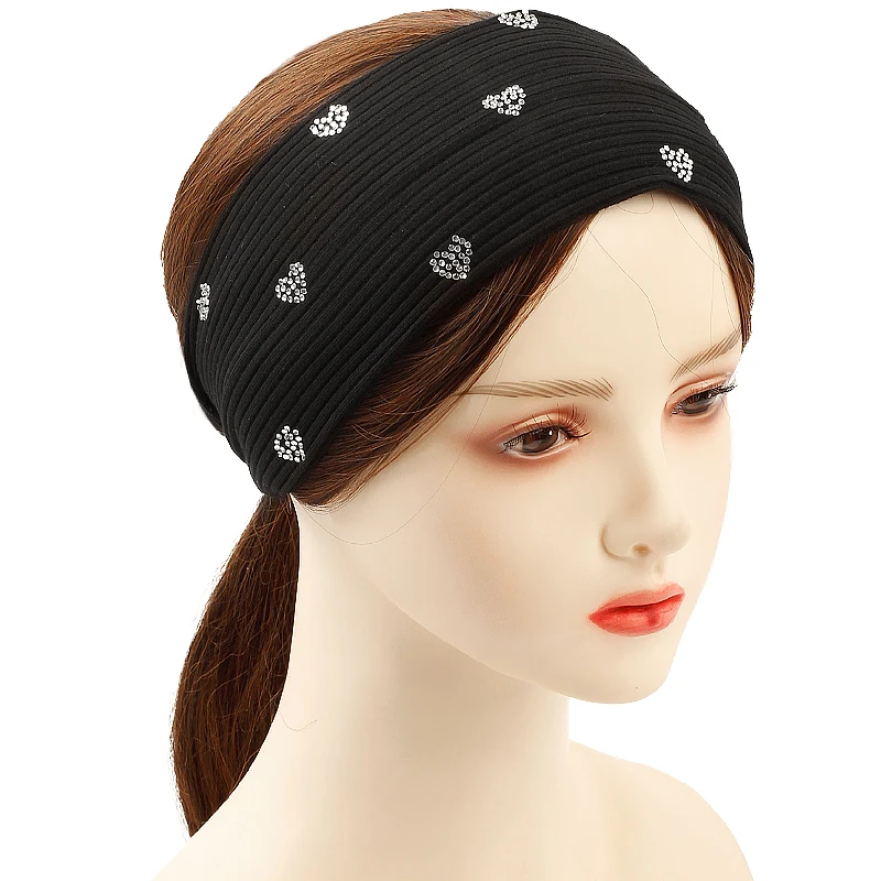 Rhinestone Love Ribbed Headband For Women Fashion Knitted Ladies Hairbands Plain Elastic Turban Headwear Hair Accessories