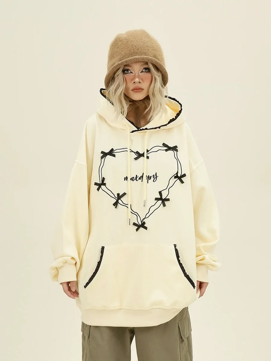 Bow Love Hoodies 2024 Autumn New Loose Bf Japanese Sweet Wind Top Women