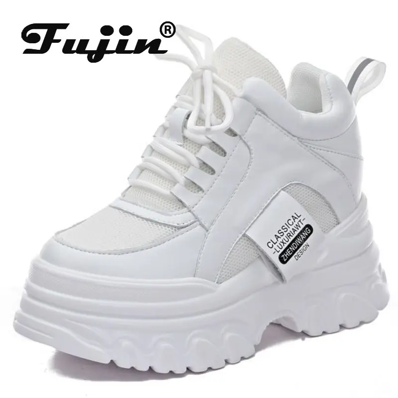 

Fujin 10cm Air Mesh Hollow Genuine Leather Chunky Sneakers Wedge Platform Casual Sneakers Summer Spring Autumn Vulcanized Shoes