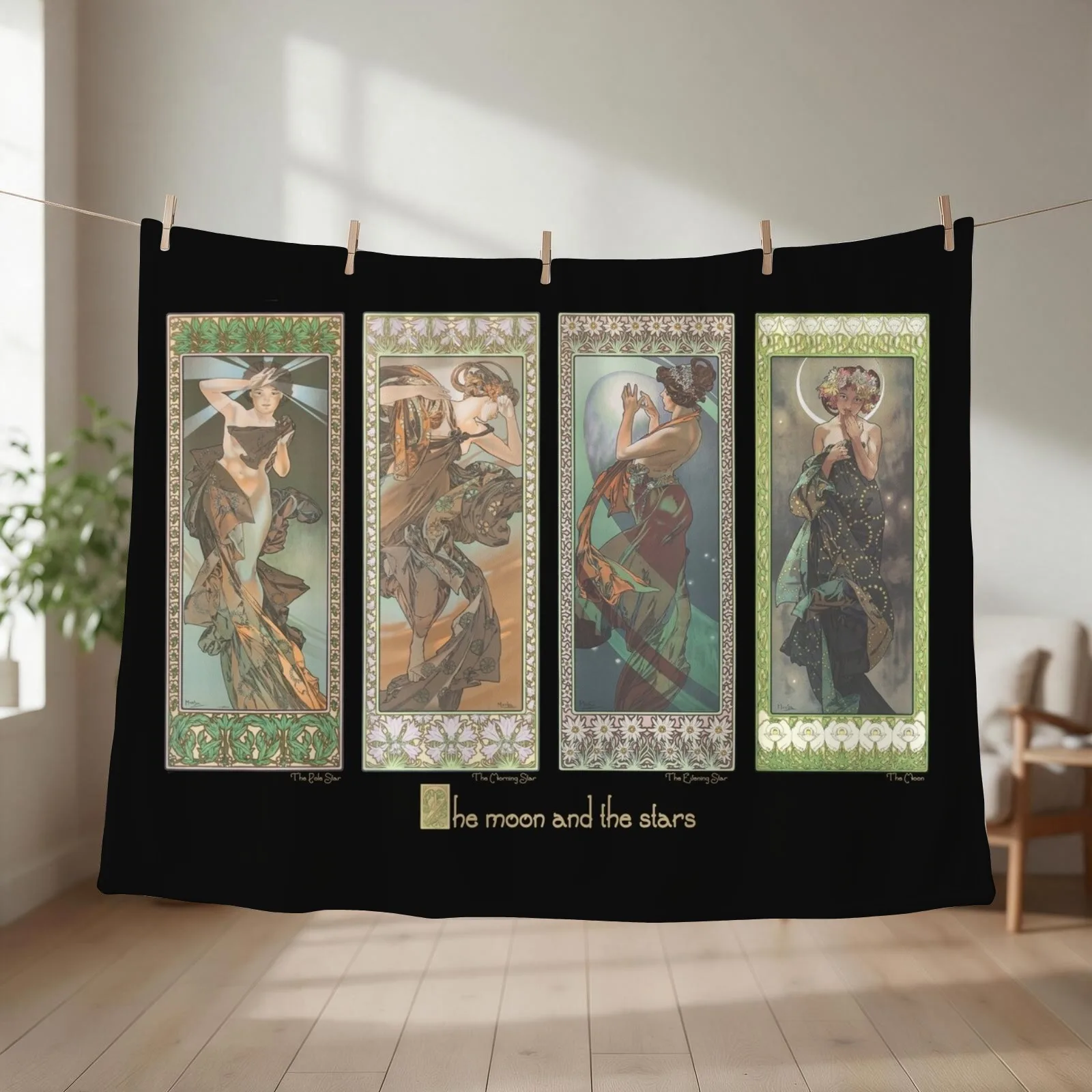 The Moon and the Stars, by Alphonse Mucha. HIGH DEFINITION Throw Blanket couch cozy soft plush fuzzy picnic outdoor blanket