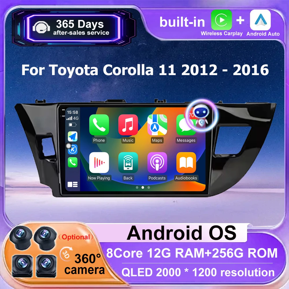 

Автомобильный радиоприемник, мультимедийный видеоплеер, GPS-навигация для Toyota Corolla 11 2012-2016, Android Auto, беспроводной Carplay, Bluetooth 10 дюймов