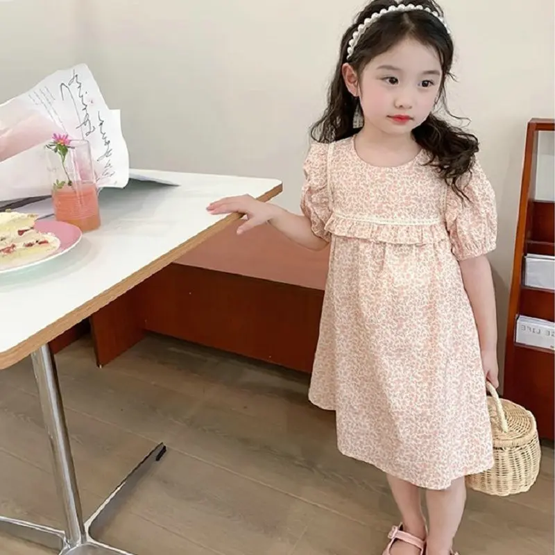 Girl's Dress Floral Short Sleeved Round Neck Dress Princess Dress 2024 Summer New Casual Countryside Style Children's Clothing