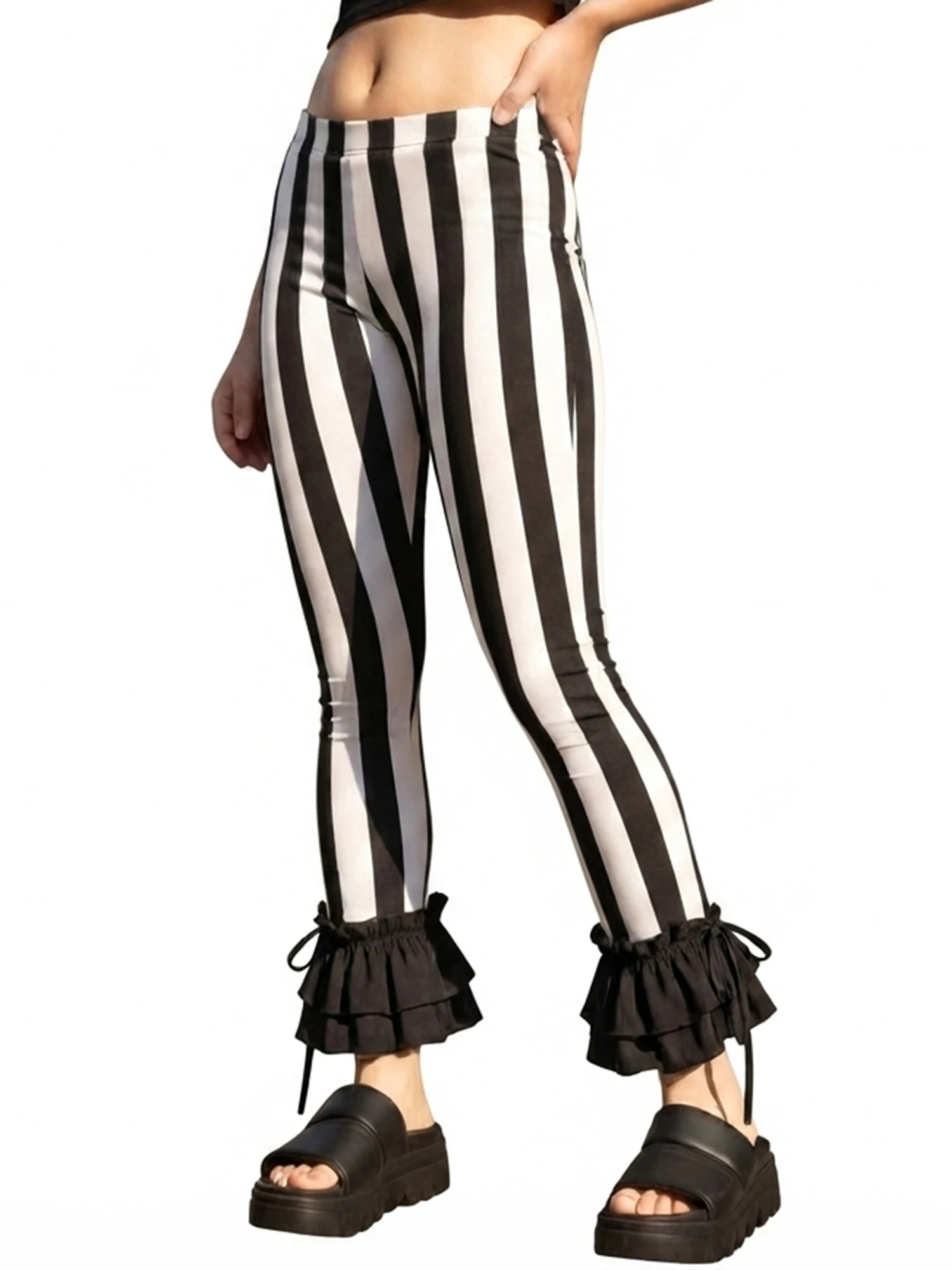 Women s Stripe Leggings Elastic Waist Double Layered Ruffled Hem Pants