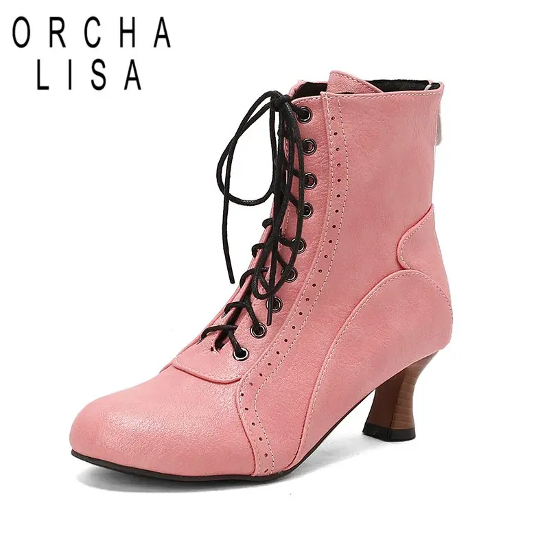 

ORCHA LISA 2025 Vintage Women Ankle Boots Round Toe Strange Heels 5.5cm Zipper Lace Up Plus Size 47 48 49 50 Leisure Daily Bota