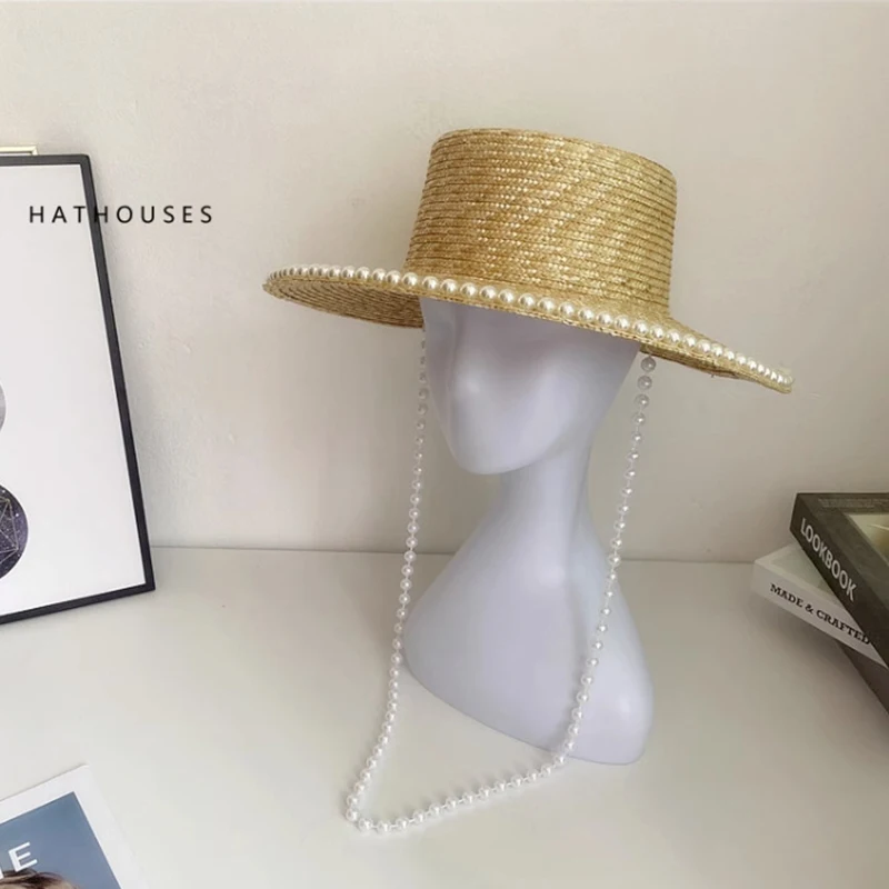 Wheat Straw Sun Hat For Women Summer Pearl Wide Brim Floppy  display picture 2
