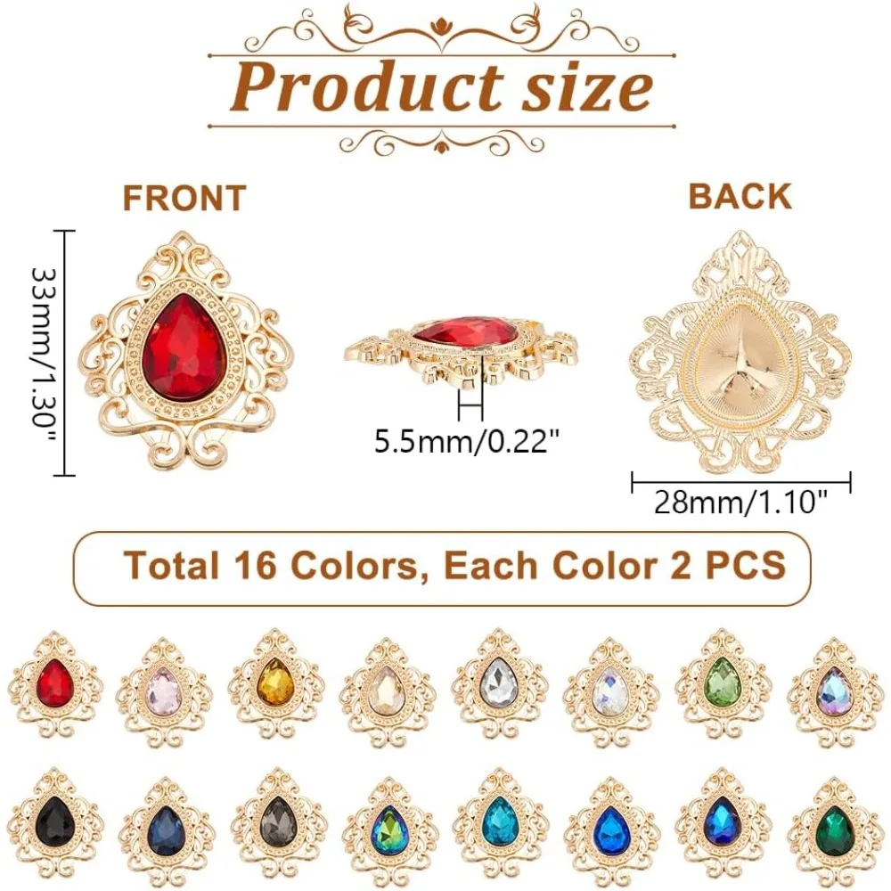 32pcs 16 Colors Teardrop Charms, 1.3 x 1.1 inch Golden Glass Rhinestone Cabochons Faceted Teardrop Beads Dangle Rhinestone