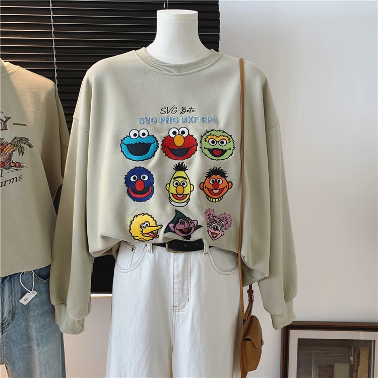 حجم كبير 300 Pou Sesame Street الكرتون هوديي المرأة فضفاض رداء علوي غير رسمي الكورية Sle جولة Ne Long Sve القطن تي شيرت