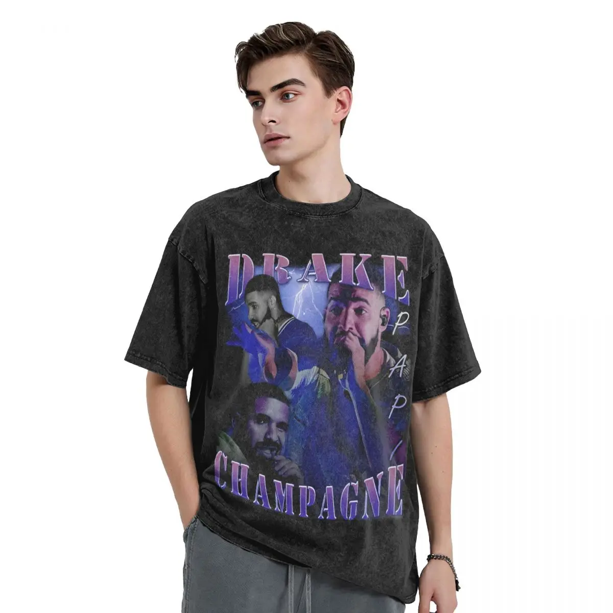 Hip Hop Fanart Champagne Papi Drake Washed T-Shirt Man Streetwear Cotton T Shirts Summer O Neck Fashion Tee Shirt Loose Clothing