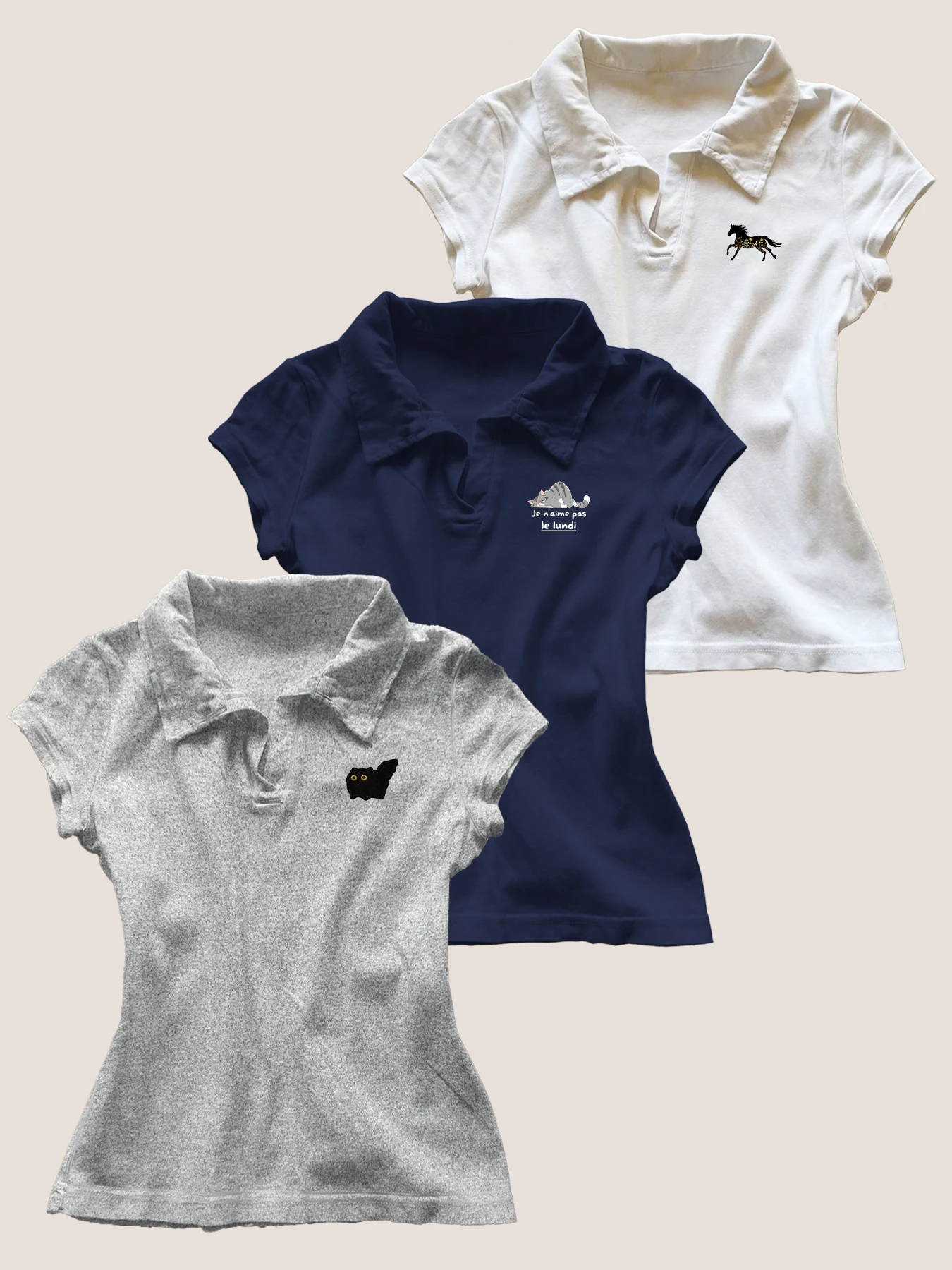 

3PC New American Retro Top Trendy Summer Polo Collar Short Sleeve Slim Shoulder T-shirt for Women