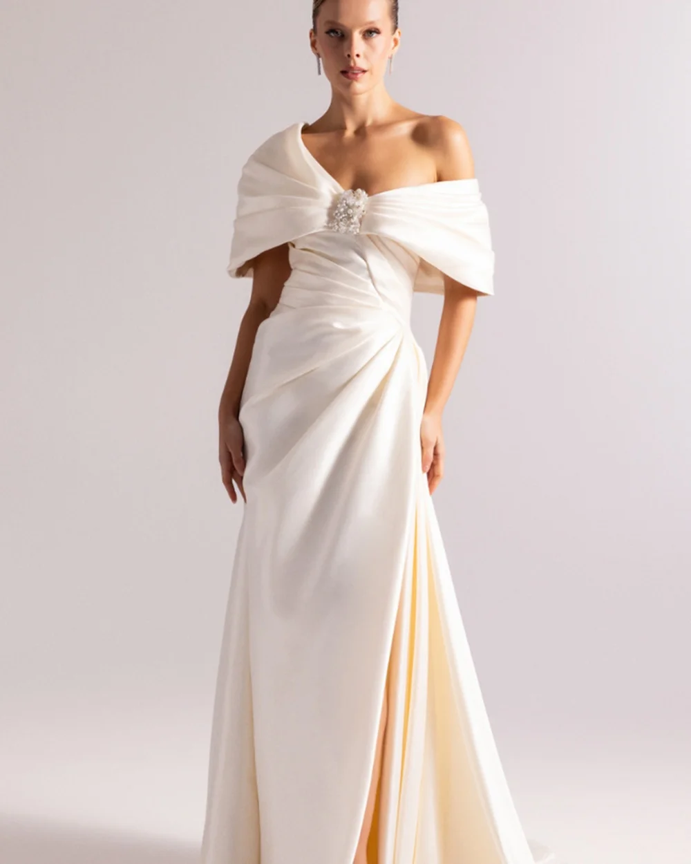 

Customized Matching Classic Rhinestone Pearl Pleat Ruched Draped Mermaid Off-the-shoulder Long Dresses Evening Dresses Elegant