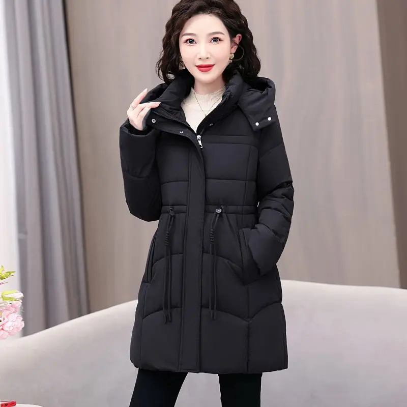 2025 Mom New Winter Clothing Waist Temperament Medium and Long Down Cotton Clothing Women Middle-aged and Elderly Hooded Jacket