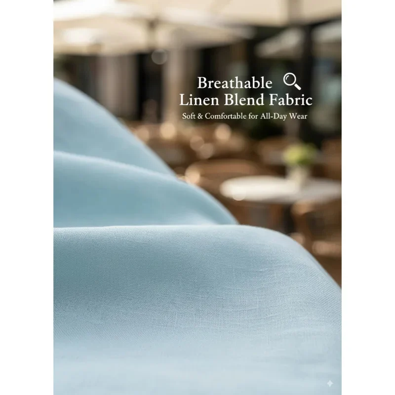 Abito longuette chic con maniche a sbuffo per l'estate 2025 con scollo a V e tessuto in cotone e lino con vita smock per un aspetto diurno Breezy