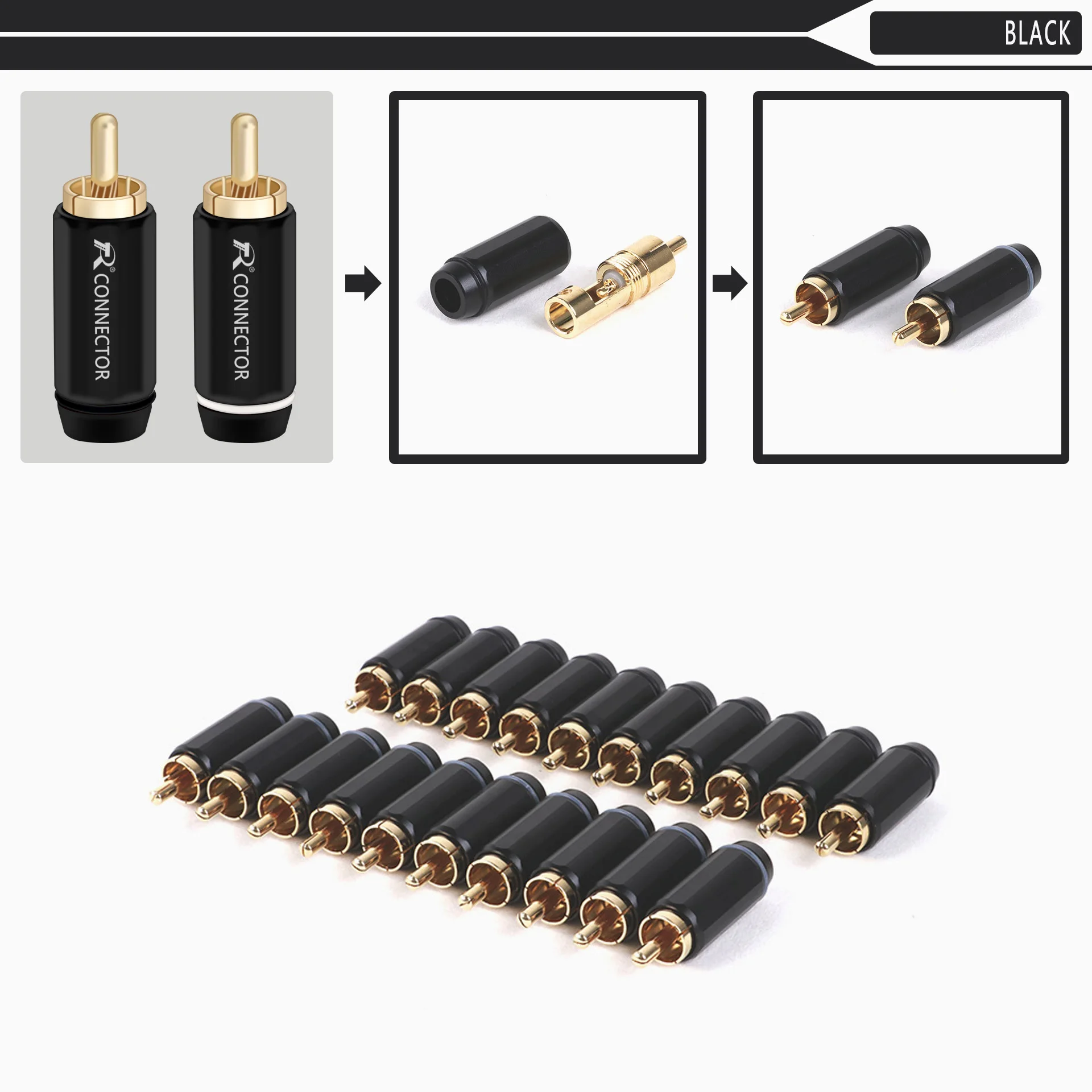 1Pair Gold Plated Plug RCA Male Connector, Support Cable Up to 6mm,RCA HIFI Terminal Phono Connector