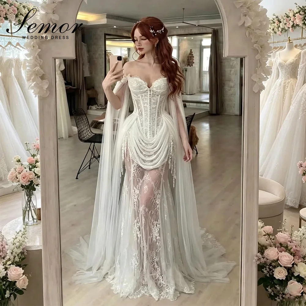 Semor Lace Vintage Wedding Dresses Applique Shawl Sweetheart Pleats Backless A-Line Mermaid Bridal Gown Customized Party Dresses