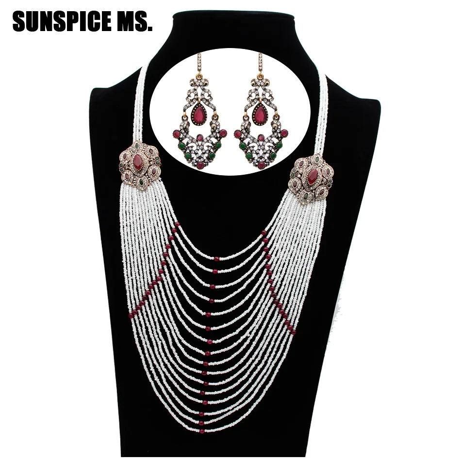 Sunspicems Vintage Turkey Bride Bead Jewelry Sets For Women Antique Gold Color Arabic Crystal Earrings Long Bead Chain Necklace