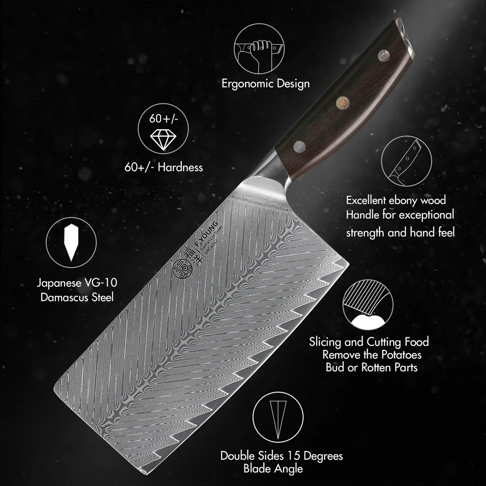 F.YOUNG 7 Inch Chinese Cleaver Knives Damascus Steel Sharp Meat Vegetable Slicing Chopper Best Professional Kitchen Chef Knife