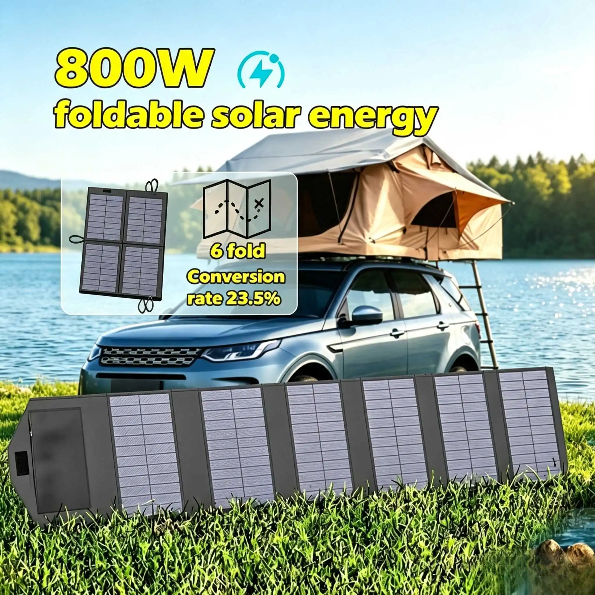 Foldable 800W Solar Charger, 6-Panel Design with Dual USB 5V and DC Ports for RV, Boating, and Off-Grid Power Supply Needs