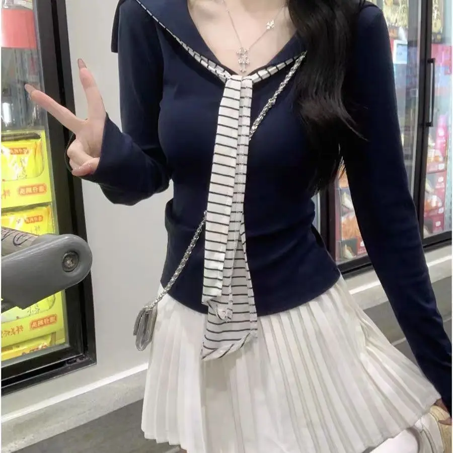 Nueva Camiseta de Manga Larga para Mujer, Estilo Marinero, Entallada y Adelgazante, con Cuello Marinero y Lazo a Rayas, para Otoño y Primavera