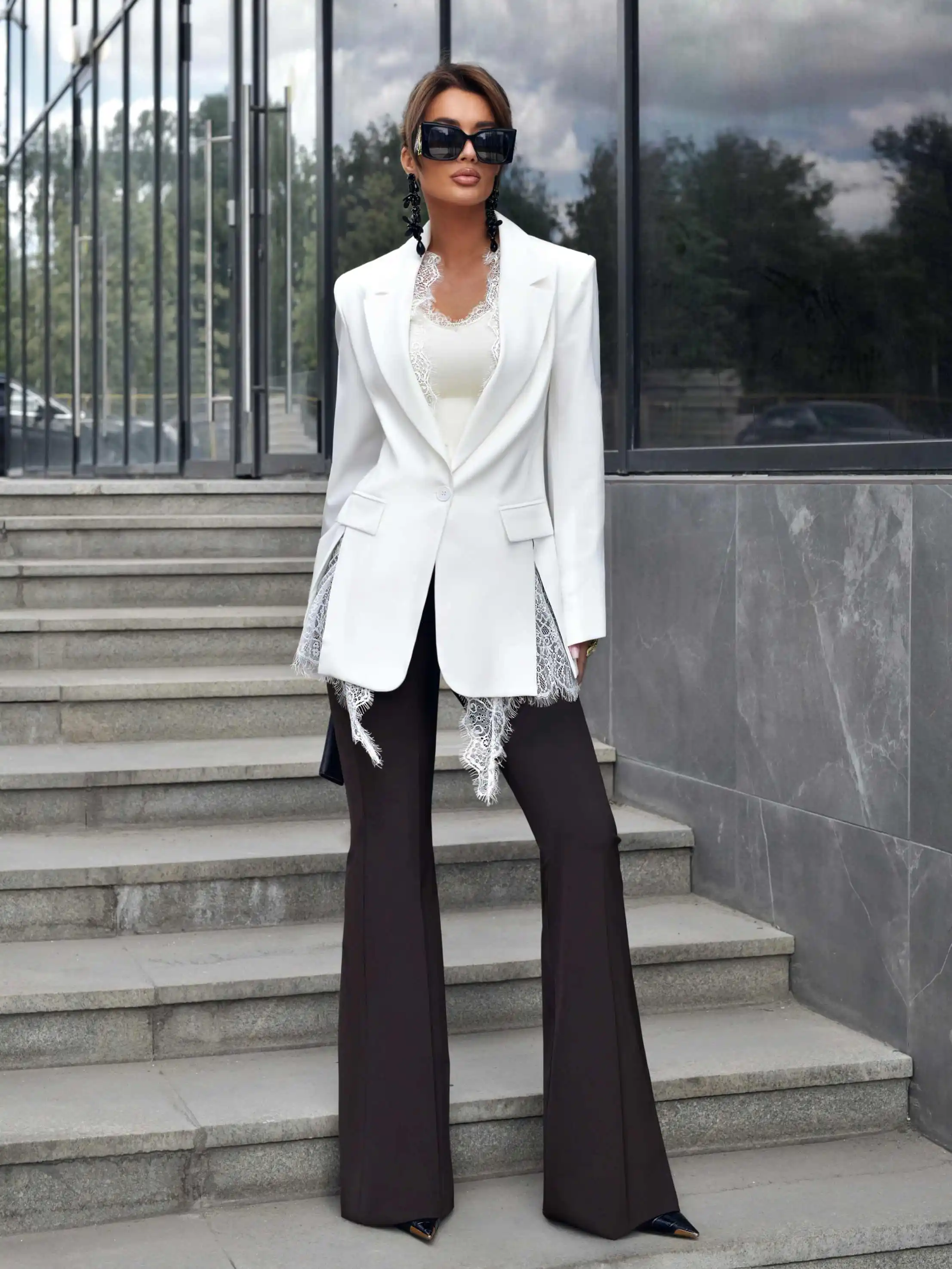 Elegant Lace Patchwork Women 2 Piece Suit Notched Lapel Blazer Flare Long Pants Formal Office Business Party Outfit Customized