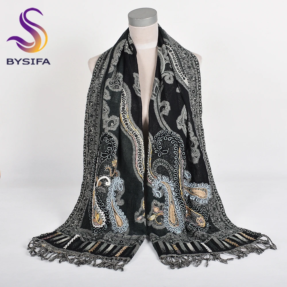 Black Grey Paisley 100% Wool Scarves Pashmina Thicken Women Winter Embroidery Scarf Shawl Fashion Accessories Warm Neck Scarf