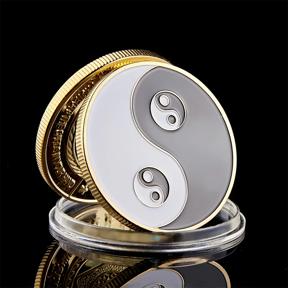 Chinese Tai Chi Black White Taoism Sign Ancient Eight Diagrams Gold Coin Collection Poker Card Guard With Coin Capsule