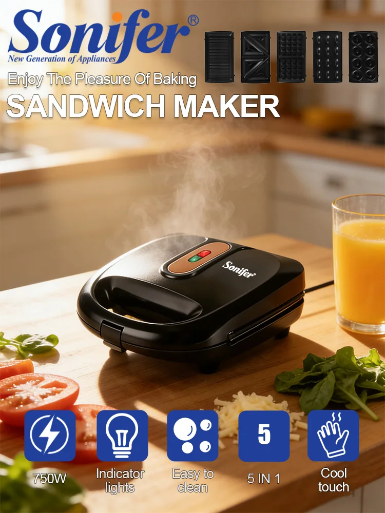 5 in 1 Sandwich Maker Sonifer SF-6114 750W Multi Function Grill Waffle Maker Non Stick Removable Plates Breakfast Kitchen