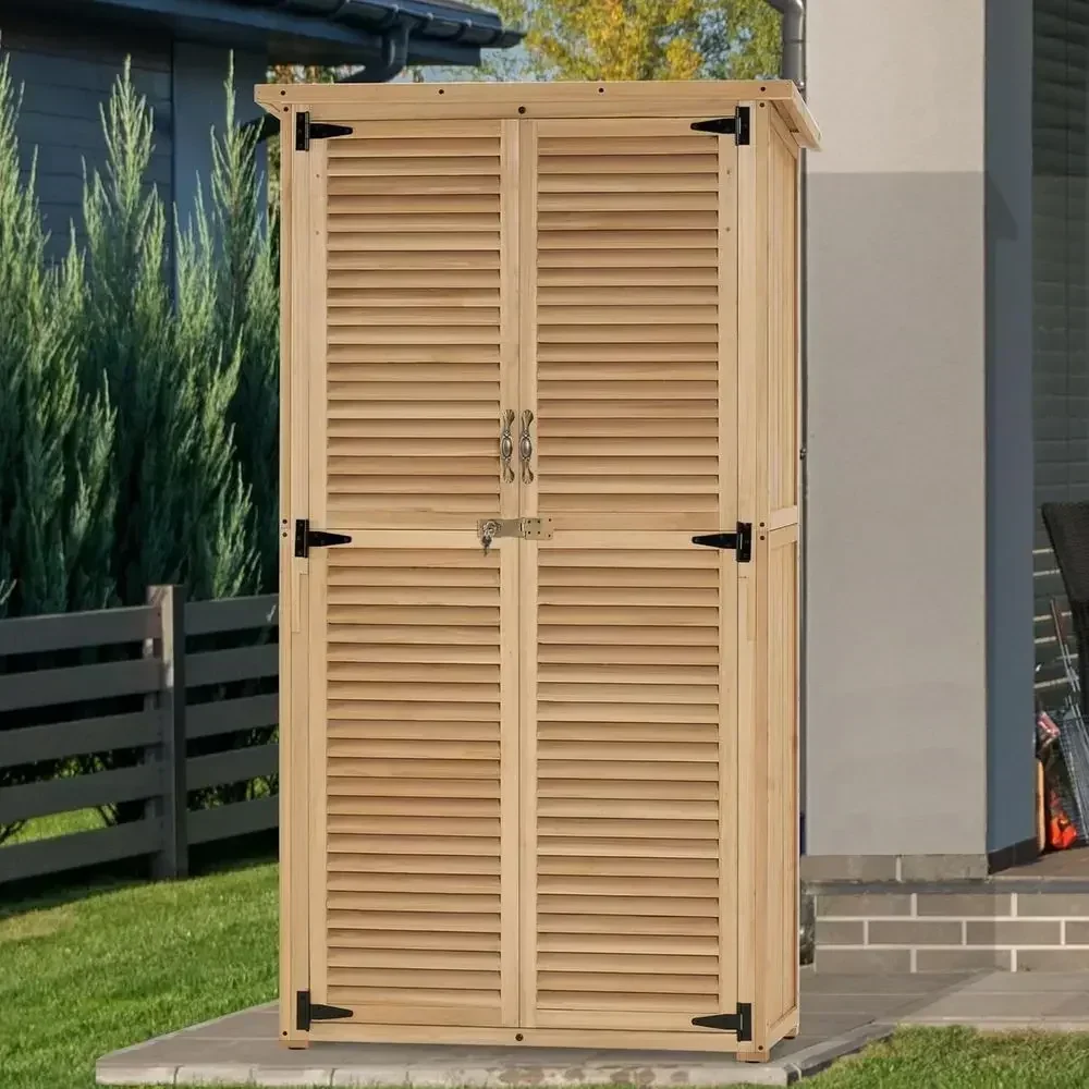 Durable Wooden Outdoor Storage Shed, 2-Door Garden Tool Storage Cabinet, Natural Medium Finish