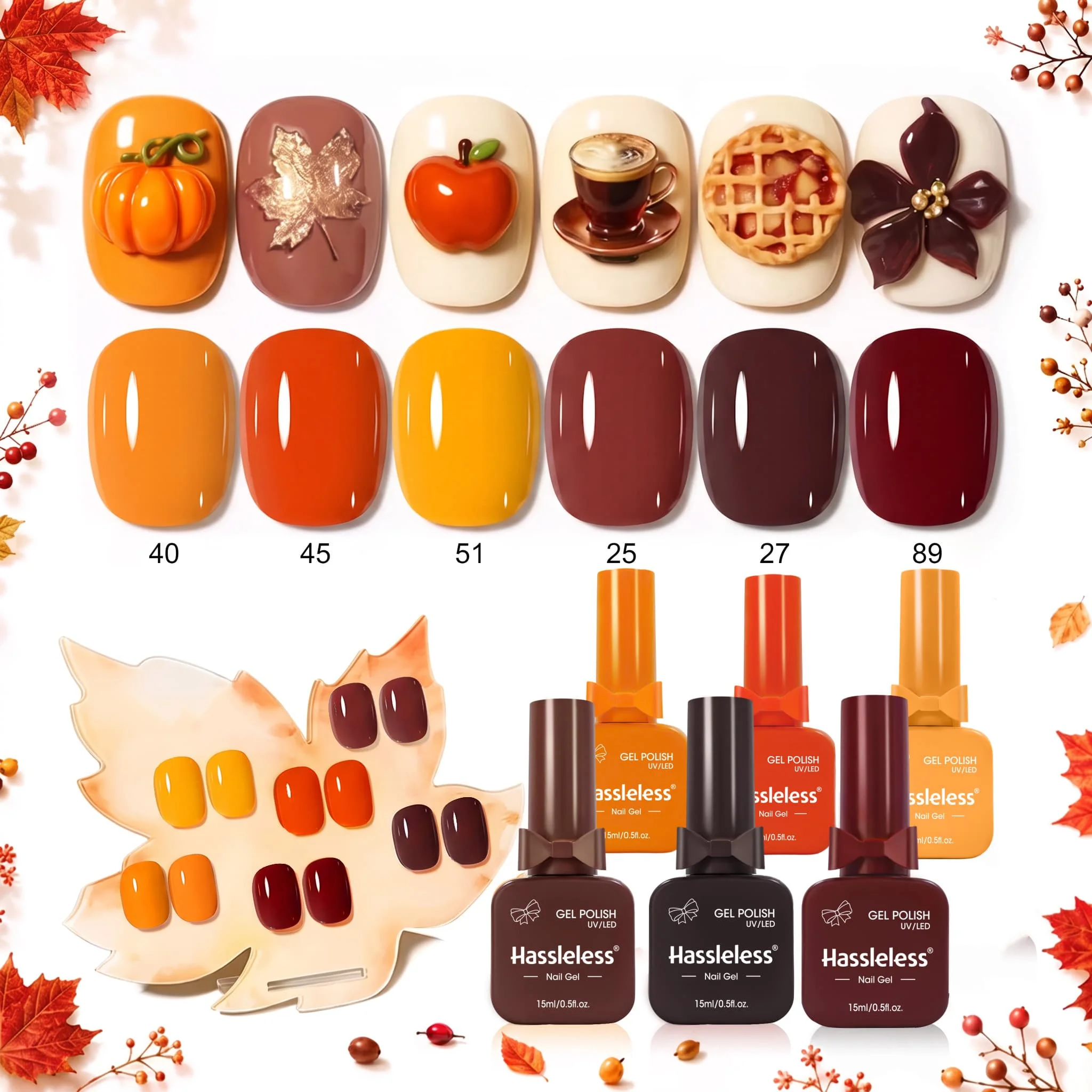 Hassleless 6-Piece Autumn Pumpkin Maple Leaf Nail Polish Set, 15ml Large Capacity, Solid Color Nail Polish, Salon-Grade Mirror-Like High Gloss, Full Color, Long-Lasting and Not Easy to Peel Off, Autumn DIY Nail Art Set for Home Use