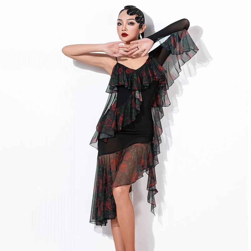 

2024 New Latin Dance Dress For Women Single Sleeved Ruffle Edge Practice Clothes Chacha Rumba Tango Adult Latin Costumes DN17695