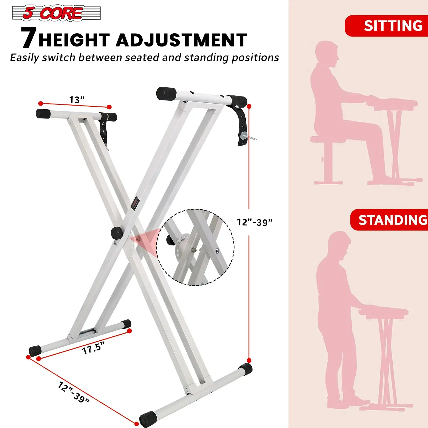 5 Core Keyboard Stand Double X Style Adjustable Lift Piano Riser For 49 - 88 Keys KS 2X WH