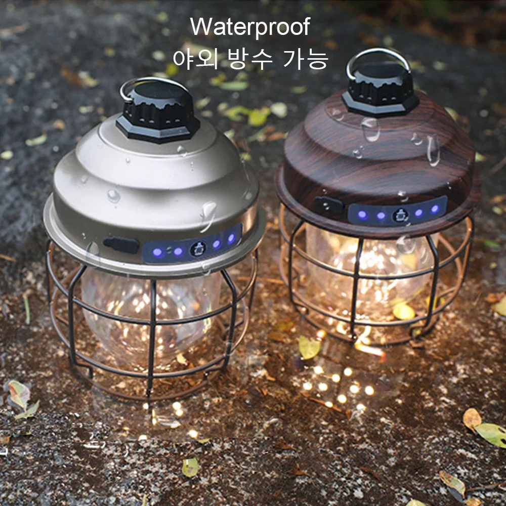 Retro Portable Camping Lantern Rechargeable Light Hanging Camp Lamp Outdoor Light Household 3 Modes Dimmable Flashlight with USB