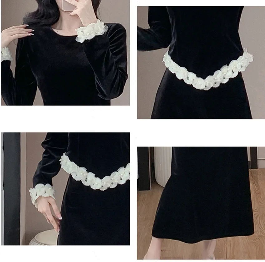 High Quality Women Velvet Office Two Piece Set New Autumn Long Sleeve Beading Floral O Neck Tops + Midi Velour Black Skirt Suits