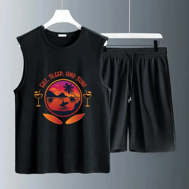 طباعة كأس النبيذ الصيفية للرجال لعام 2025 على البحر بدون أكمام مجموعة غير رسمية سريعة الجفاف ملابس رياضية مريحة للبدلات الخارجية #2