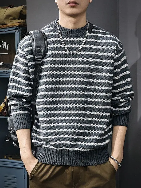 

Retro Striped Color Blo Men's Sweater Casual round Ne Loose Knitted Top for Autumn Winter Street Sle Faion Urban