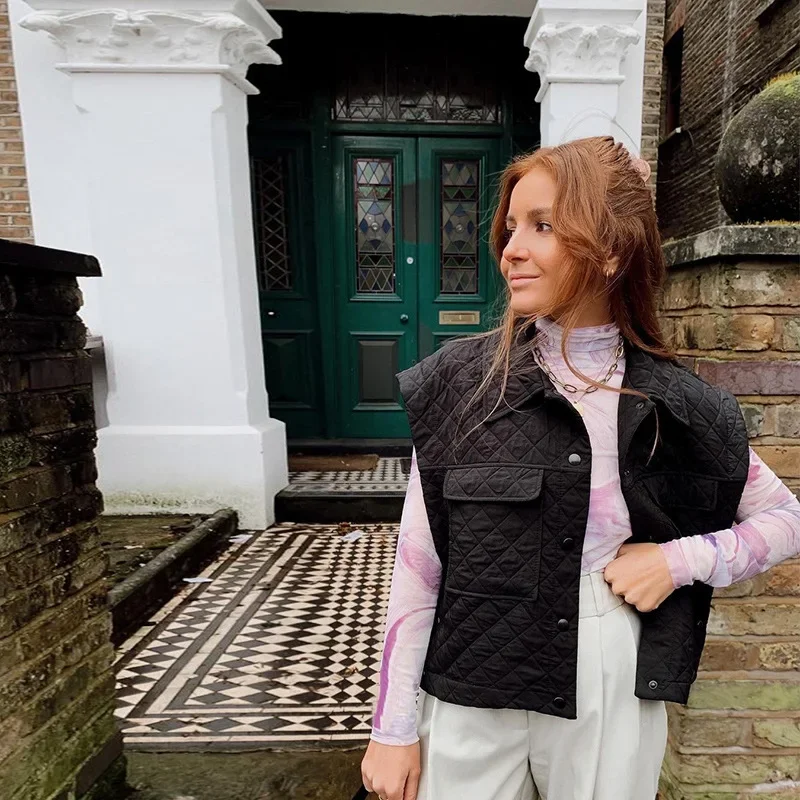 Vestiti invernali giacca semplice senza maniche donna bottone Streetwear gilet trapuntato cappotti colletto rovesciato cappotto in cotone solido 2023 Parka