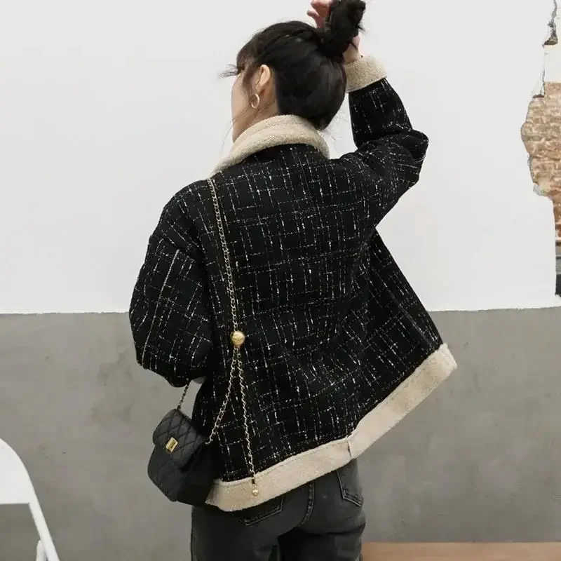 

Fashionable Short Lamb Fur Coat Plaid Autumn Winter Women's Clothing Versatile Fleece Lined Top for Small Figures