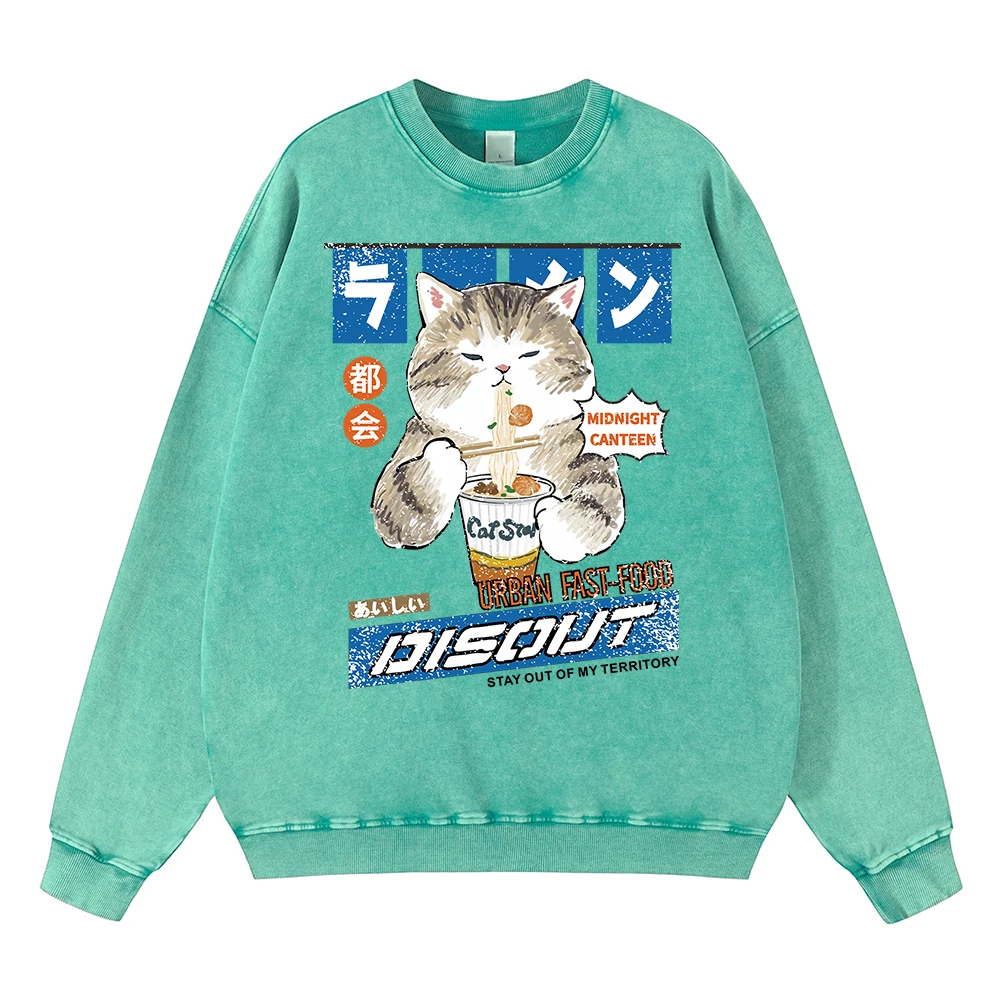 Vintage Distressed Washing Harajuku Noodle And Sushi Cat Hoodie Men Clothing Cotton Pullovers Oversized Hoody Loose Sweatshirt