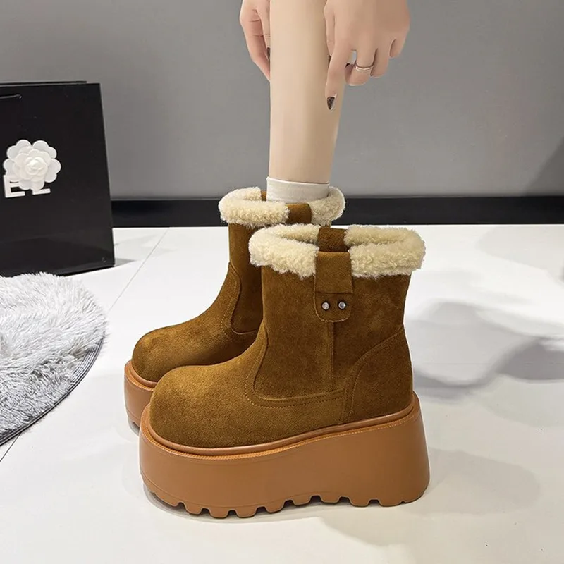 2026 سميكة القاع الدافئة المضادة للانزلاق القطن الثلوج الأحذية النسائية الشتاء عالية الكعب صوف مبطن الجوارب عدم الانزلاق المطاط وحيد حذاء من الجلد