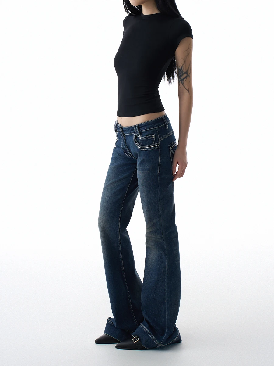 

Джинсовые джинсы-колокольчики с низкой талией в стиле ретро, женские повседневные утягивающие длинные брюки с завышенной талией, весна-лето, моя