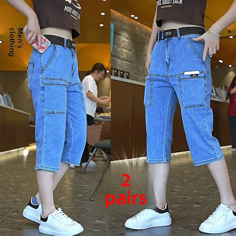 

Новинка 2024, мужская повседневная свободная посадка со средней талией, хлопковая эластичная джинсовая джинсовая длина 7/8, тонкая износостойкая повседневная одежда, лето