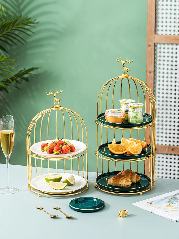 Nordic luxury ceramic fruit dish Dim sum metal rack, three layers of decoration and storage