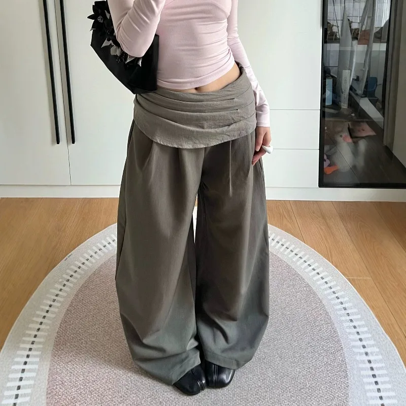 SuperAen Korean-style Asymmetrical Pleated Wide-leg Pants Office Lady Loose Casual Full Length Pants