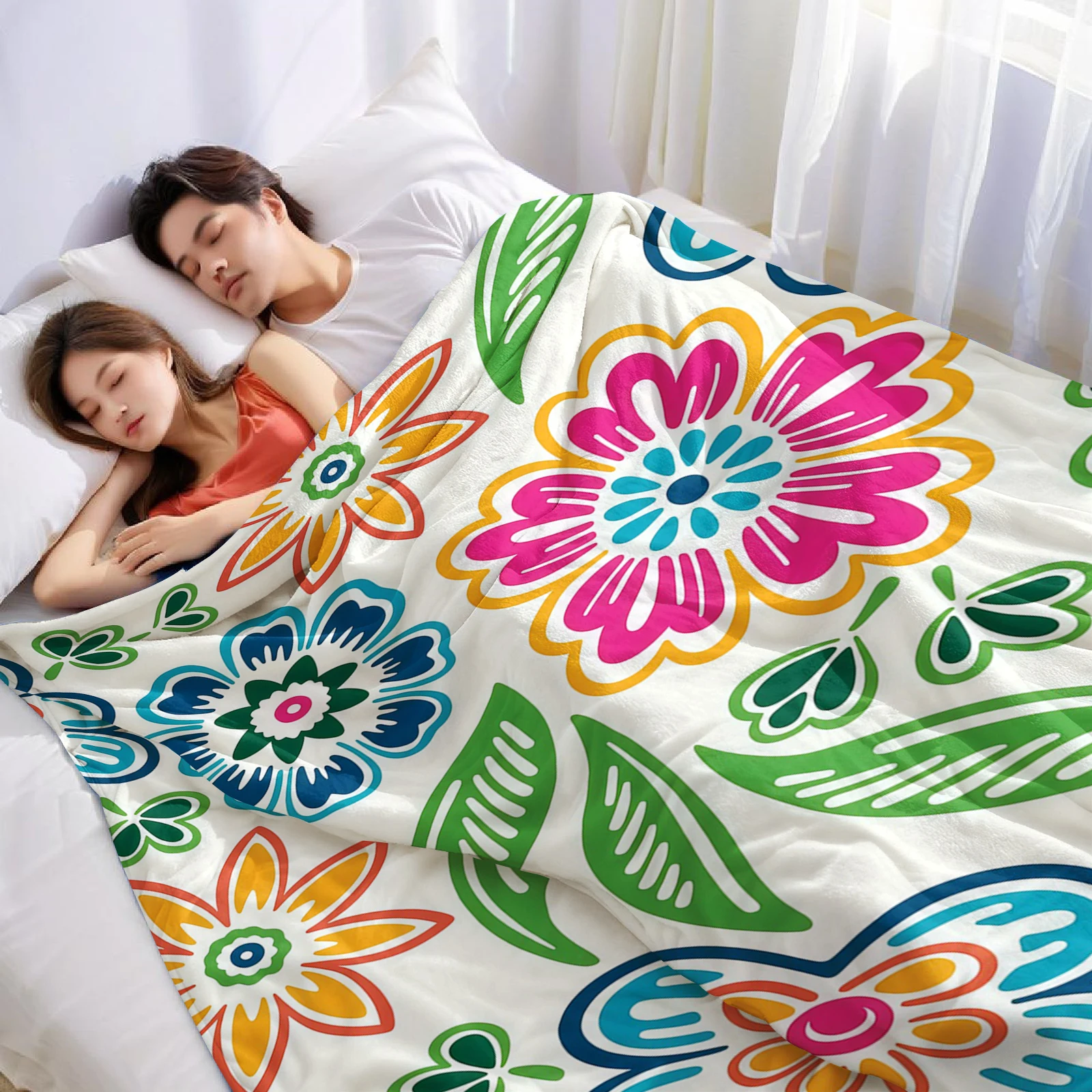 Boho Folk Bloom Cartoon Anime Print Flannel Blanket Soft Warm Throw for Kids Bedroom Sofa Bed Christmas Office Car