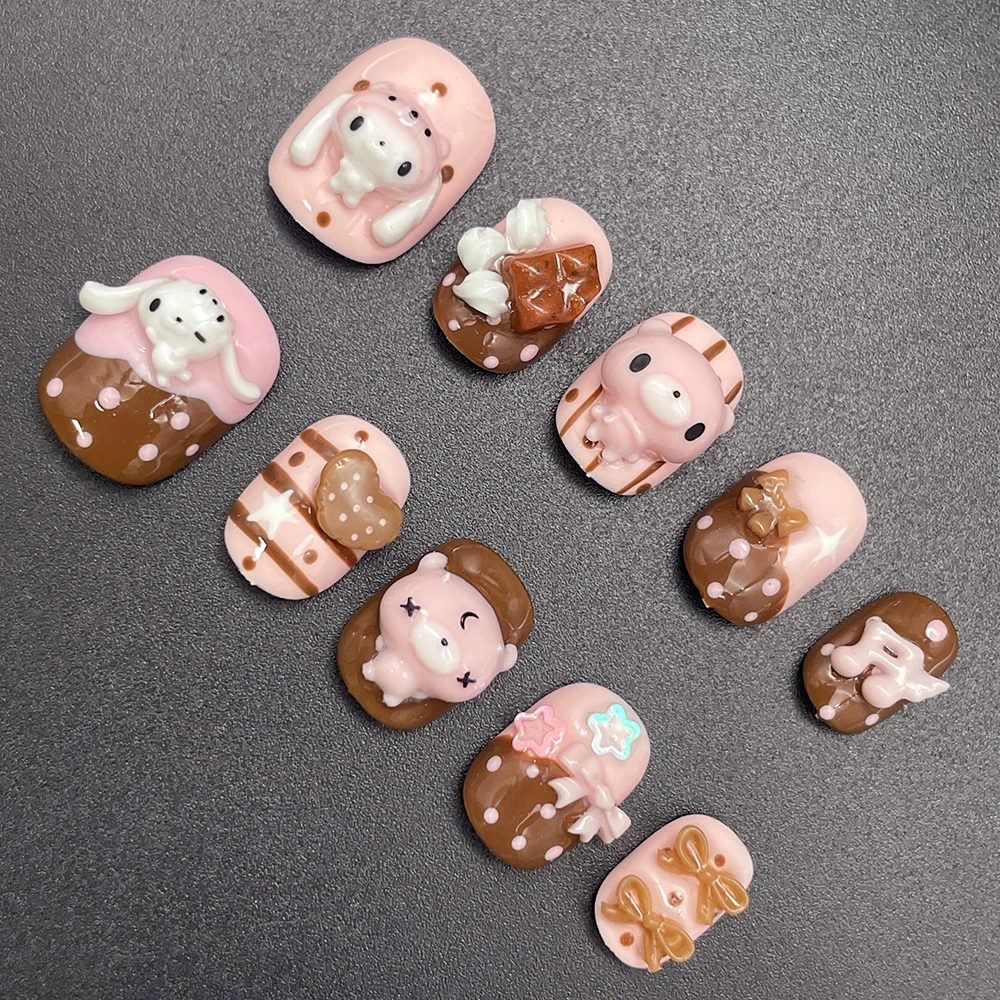 Kawaii Rabbit Bear Chocolate Cream Design Press On Nails Short Round Shape Cute Pink Sweet Cookie 3D Doll Cartoon Fake Nails view 6