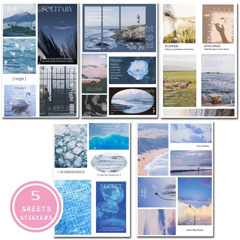 5pcs Vintage Ocean of Life Stickers Die-Cut Scrapbooking Kit for Journal Decorative Ephemera Design Stationery Phone Case Deacl